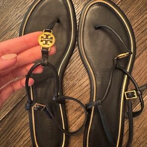 Tory Burch Black Sandals with Gold Accents